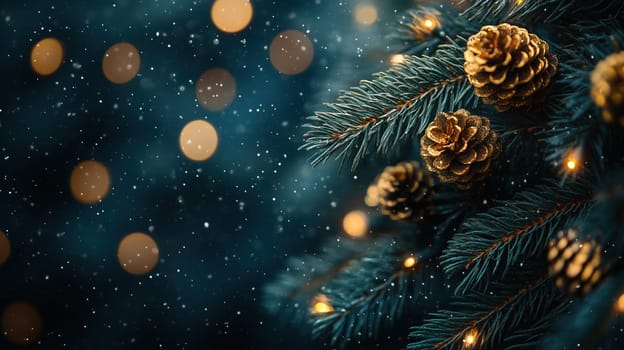 Atmospheric Christmas composition with snow-dusted pinecones on greenery, glowing fairy lights, and a wintery bokeh background.