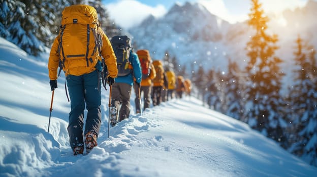 A line of hikers walking along a snowy trail through a forest, with snowflakes falling and majestic mountains in the distance. The image captures the spirit of winter adventure and teamwork in a picturesque natural setting.