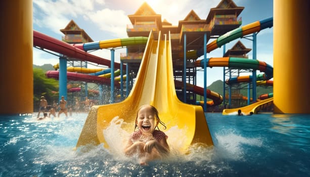 This close-up photograph captures the beaming joy of a little girl sliding down a yellow water slide under bright daylight. Her face, lit by natural sunlight, radiates excitement amidst the splashes of water.