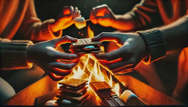 Hands are seen carefully assembling s'mores over a glowing campfire at night. The fire's warm light highlights the cozy and nostalgic ambiance, with layers of graham crackers, chocolate, and marshmallows ready to be enjoyed.