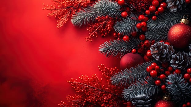 Close-up of Christmas greenery adorned with red ornaments, berries, and snow-dusted pinecones against a bold red background.
