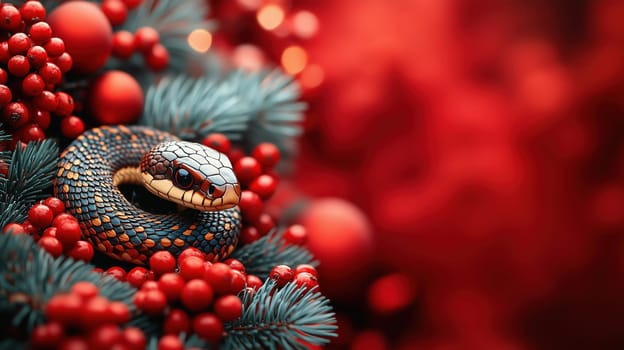 Unique Christmas-themed composition with a detailed snake coiled amid red berries, pine branches, and festive holiday ornaments.