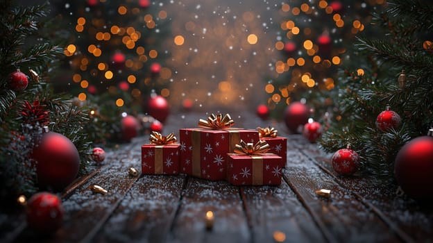 Warm Christmas atmosphere featuring red and gold wrapped presents on a snow-dusted wooden floor, flanked by holiday trees and ornaments.