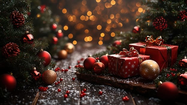 Close-up view of Christmas decorations, including pinecones, red and gold ornaments, and wrapped presents set against a snow-dusted, rustic wooden surface illuminated by warm holiday lights.