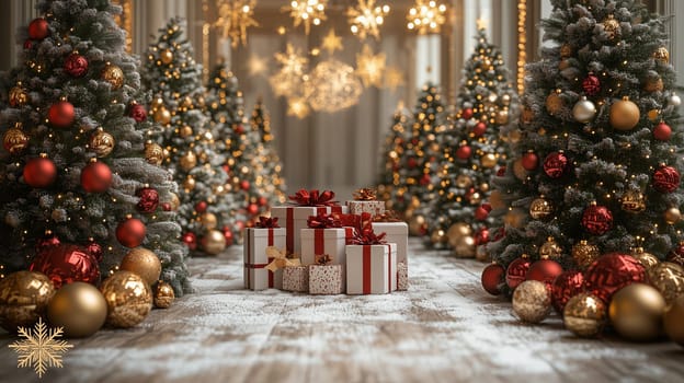 A charming Christmas corridor featuring snow-dusted trees decorated with red and gold ornaments, glowing snowflake lights, and neatly wrapped presents in an elegant setting.