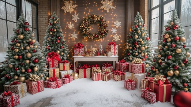 Cozy holiday setting featuring Christmas trees adorned with red and gold ornaments, a wreath, and gift boxes in a snowy interior, illuminated by warm fairy lights.