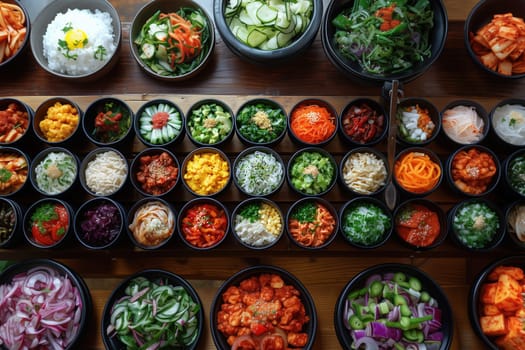 A variety of colorful and fresh Asian side dishes presented in individual bowls, placed on a rustic wooden table.