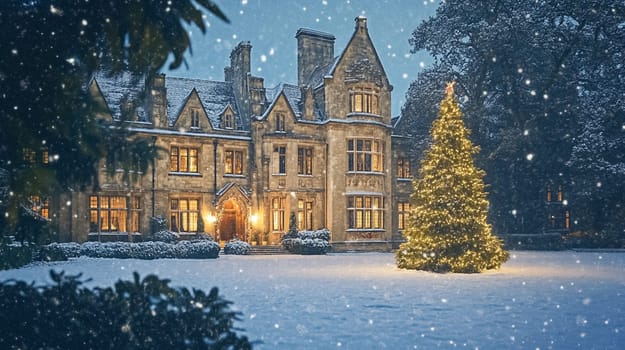 Country manor decorated for Christmas, Merry Christmas holiday idea