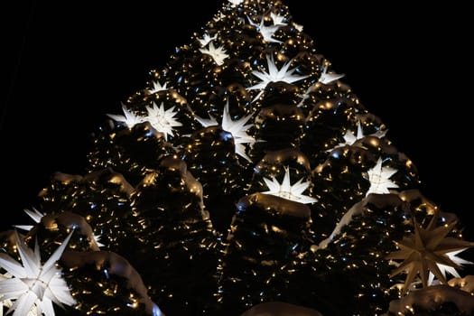 A beautifully decorated Christmas tree illuminated with stars and lights, creating a festive atmosphere.