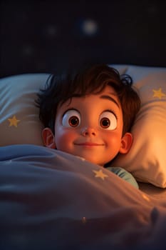 A young boy with big eyes smiles happily while lying in bed, surrounded by soft blankets and glowing stars in a cozy nighttime environment - Generative AI