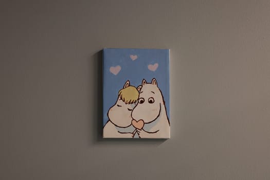 An adorable and heartwarming illustration showcasing Moomin characters enjoying a loving moment filled with hearts