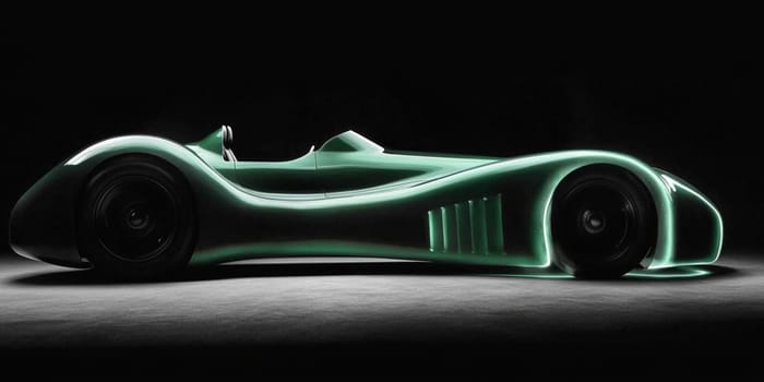 Green sports car speeds through a dark studio with billowing smoke, exuding power and elegance