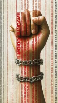 Powerful fist, adorned with intricate patterns, is breaking free from heavy chains, symbolizing the struggle for freedom and equality