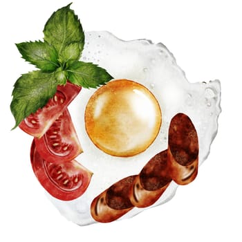 Breakfast watercolor. Hand drawn food with fried eggs, sausage, green and tomato. Clip art food. Ideal for posters and restaurant menus of vegetarian and diet dishes. Plant sketch for kitchen