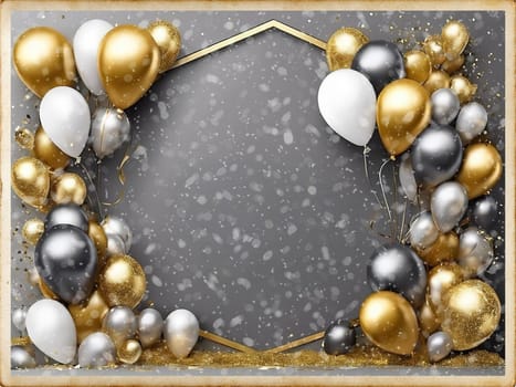 Elegant Balloon Arch with Gold, Silver, and White Balloons.This image showcases a sophisticated balloon arch arrangement featuring a mix of gold, silver, and white balloons. The balloons are artistically clustered around a geometric gold frame, creating a luxurious and festive atmosphere. The background is a soft gray with bokeh light effects, adding a touch of elegance and glamour. This setup is perfect for upscale events, celebrations, and photo backdrops.