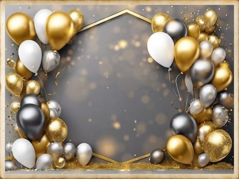 Elegant Balloon Arch with Gold, Silver, and White Balloons.This image showcases a sophisticated balloon arch arrangement featuring a mix of gold, silver, and white balloons. The balloons are artistically clustered around a geometric gold frame, creating a luxurious and festive atmosphere. The background is a soft gray with bokeh light effects, adding a touch of elegance and glamour. This setup is perfect for upscale events, celebrations, and photo backdrops.