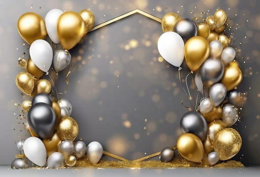 Elegant Balloon Arch with Gold, Silver, and White Balloons.This image showcases a sophisticated balloon arch arrangement featuring a mix of gold, silver, and white balloons. The balloons are artistically clustered around a geometric gold frame, creating a luxurious and festive atmosphere. The background is a soft gray with bokeh light effects, adding a touch of elegance and glamour. This setup is perfect for upscale events, celebrations, and photo backdrops.
