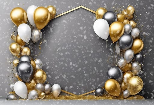 Elegant Balloon Arch with Gold, Silver, and White Balloons.This image showcases a sophisticated balloon arch arrangement featuring a mix of gold, silver, and white balloons. The balloons are artistically clustered around a geometric gold frame, creating a luxurious and festive atmosphere. The background is a soft gray with bokeh light effects, adding a touch of elegance and glamour. This setup is perfect for upscale events, celebrations, and photo backdrops.