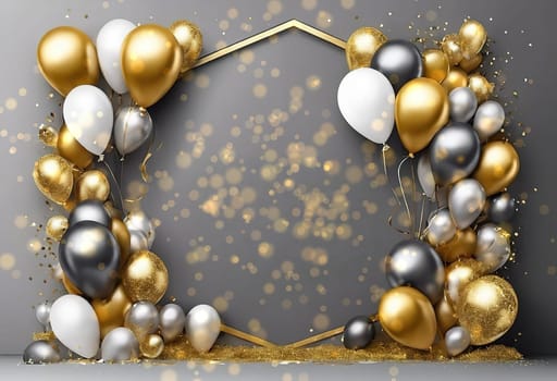 Elegant Balloon Arch with Gold, Silver, and White Balloons.This image showcases a sophisticated balloon arch arrangement featuring a mix of gold, silver, and white balloons. The balloons are artistically clustered around a geometric gold frame, creating a luxurious and festive atmosphere. The background is a soft gray with bokeh light effects, adding a touch of elegance and glamour. This setup is perfect for upscale events, celebrations, and photo backdrops.