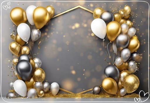 Elegant Balloon Arch with Gold, Silver, and White Balloons.This image showcases a sophisticated balloon arch arrangement featuring a mix of gold, silver, and white balloons. The balloons are artistically clustered around a geometric gold frame, creating a luxurious and festive atmosphere. The background is a soft gray with bokeh light effects, adding a touch of elegance and glamour. This setup is perfect for upscale events, celebrations, and photo backdrops.