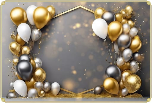 Elegant Balloon Arch with Gold, Silver, and White Balloons.This image showcases a sophisticated balloon arch arrangement featuring a mix of gold, silver, and white balloons. The balloons are artistically clustered around a geometric gold frame, creating a luxurious and festive atmosphere. The background is a soft gray with bokeh light effects, adding a touch of elegance and glamour. This setup is perfect for upscale events, celebrations, and photo backdrops.