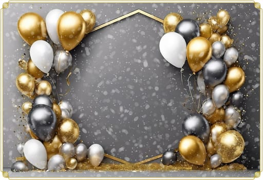 Elegant Balloon Arch with Gold, Silver, and White Balloons.This image showcases a sophisticated balloon arch arrangement featuring a mix of gold, silver, and white balloons. The balloons are artistically clustered around a geometric gold frame, creating a luxurious and festive atmosphere. The background is a soft gray with bokeh light effects, adding a touch of elegance and glamour. This setup is perfect for upscale events, celebrations, and photo backdrops.