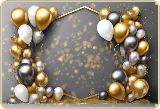 Elegant Balloon Arch with Gold, Silver, and White Balloons.This image showcases a sophisticated balloon arch arrangement featuring a mix of gold, silver, and white balloons. The balloons are artistically clustered around a geometric gold frame, creating a luxurious and festive atmosphere. The background is a soft gray with bokeh light effects, adding a touch of elegance and glamour. This setup is perfect for upscale events, celebrations, and photo backdrops.