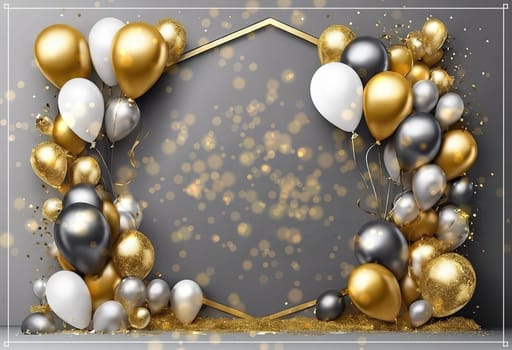 Elegant Balloon Arch with Gold, Silver, and White Balloons.This image showcases a sophisticated balloon arch arrangement featuring a mix of gold, silver, and white balloons. The balloons are artistically clustered around a geometric gold frame, creating a luxurious and festive atmosphere. The background is a soft gray with bokeh light effects, adding a touch of elegance and glamour. This setup is perfect for upscale events, celebrations, and photo backdrops.