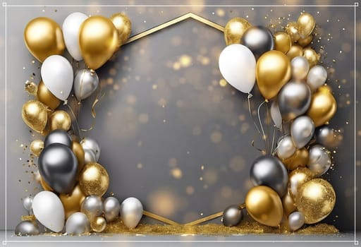 Elegant Balloon Arch with Gold, Silver, and White Balloons.This image showcases a sophisticated balloon arch arrangement featuring a mix of gold, silver, and white balloons. The balloons are artistically clustered around a geometric gold frame, creating a luxurious and festive atmosphere. The background is a soft gray with bokeh light effects, adding a touch of elegance and glamour. This setup is perfect for upscale events, celebrations, and photo backdrops.