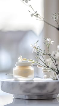 Cosmetic cream in a glass jar. Skin care concept. Background for beauty products