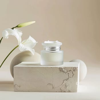Cosmetic cream in a glass jar. Skin care concept. Background for beauty products