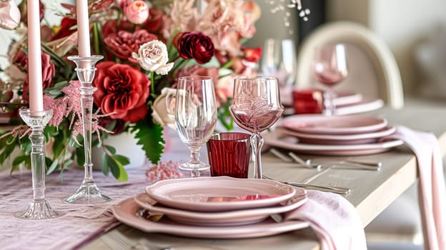 Festive table setting with candles and arrangement of beautiful red flowers. Holiday concept. High quality photo