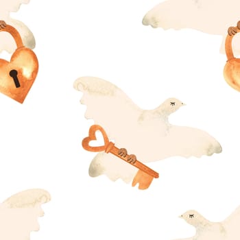 White doves with keys and heart-shaped locks. Love mail. Watercolor seamless pattern for textiles and wedding wrapping paper.