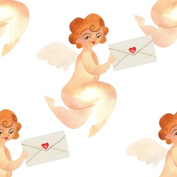 Cupid with letters in vintage style. Love mail. Watercolor seamless pattern for textile and wrapping paper for Valentine's Day or wedding.