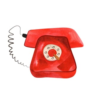 Old red rotary phone like from a movie. Communication device of the 20th century. Isolated watercolor illustration