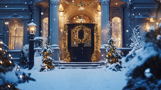 Country manor decorated for Christmas, Merry Christmas holiday idea