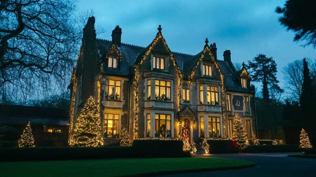 Country manor decorated for Christmas, Merry Christmas holiday idea