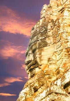 The face of the Temple of Bayon Nakhon Thom by sunset, Angkor, Siem Reap, Cambodia