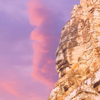 The face of the Temple of Bayon Nakhon Thom by sunset, Angkor, Siem Reap, Cambodia