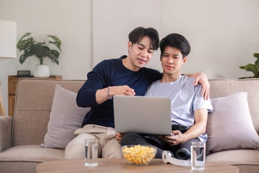 A joyful gay couple sitting together on a couch, using a laptop in a cozy, modern living room setting.