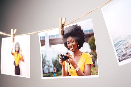 Printed colorful photos of women portraits against gray background close up
