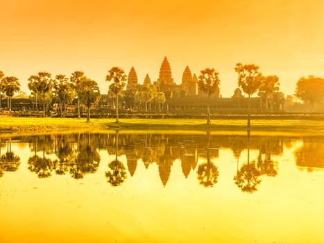 Ruin of ancient Angkor Wat temple by sunset in Angkor, Cambodia