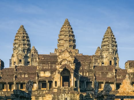 Ruin of ancient Angkor Wat temple by day in Angkor, Cambodia