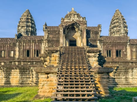 Ruin of ancient Angkor Wat temple by day in Angkor, Cambodia