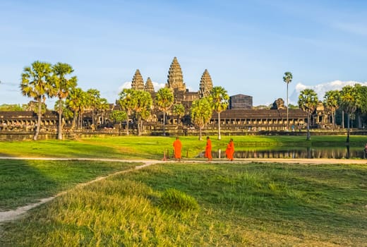 Ruin of ancient Angkor Wat temple by day in Angkor, Cambodia