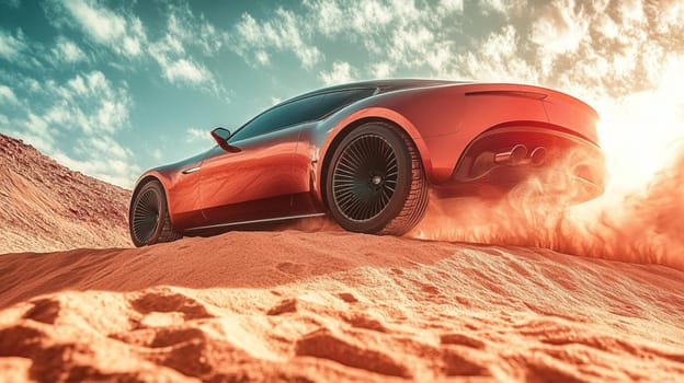 Modern suv car is kicking up dust as it speeds through a desert landscape. The car is a sleek and stylish design, with a powerful engine that allows it to handle even the toughest terrain