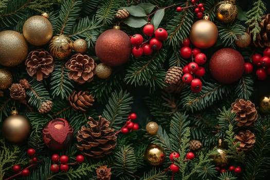 Vibrant holiday decorations featuring ornaments, pine cones, and berries create a warm, festive atmosphere.