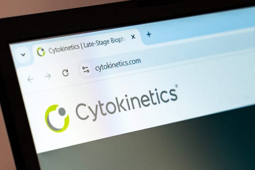 New York, USA - December 21, 2024: Cytokinetics website homepage displayed on laptop screen with logo. Biopharmaceutical company focused on developing muscle biology therapies