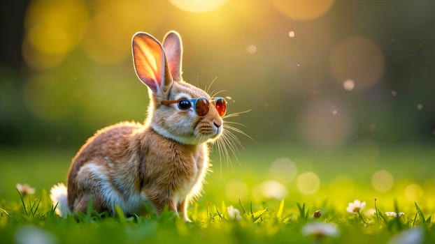 Easter bunny in pink glasses sitting on the grass.