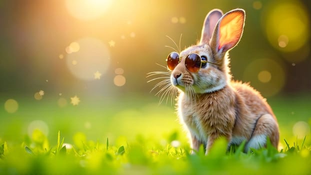 Easter bunny in pink glasses sitting on the grass.